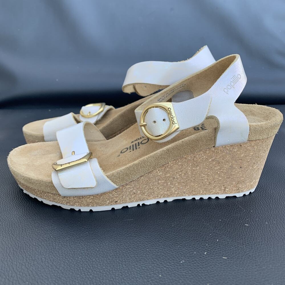 Papillio by Birkenstock Soley White Leather Cork Slingback Wedge Sandals 38 7